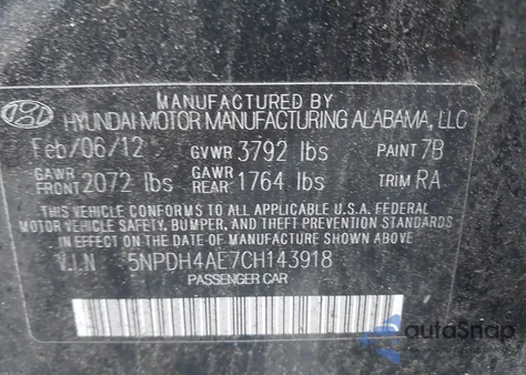 2012 Hyundai Elantra Gls z USA, uszkodzony, nr VIN 5NPDH4AE7CH143918